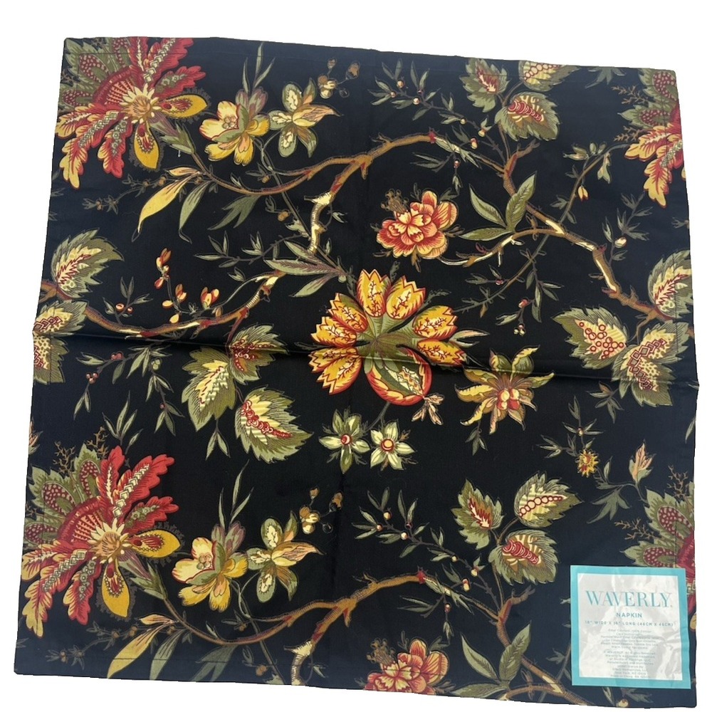 Waverly Felicite Noir Cloth Napkin SET 10 Black Floral Jacobean Red Yellow 18"